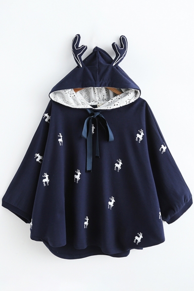 Autumn Fashion Deer Allover Pattern Horn Hooded Lace Padded Bow Tie Neck Cape
