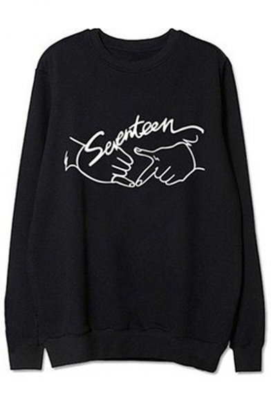 Basic Letter Hand Printed Round Neck Long Sleeve Pullover Sweatshirt