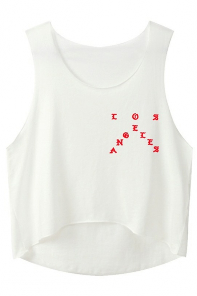 Chic Simple Letter Printed Round Neck Sleeveless Dip Hem Cropped Tank