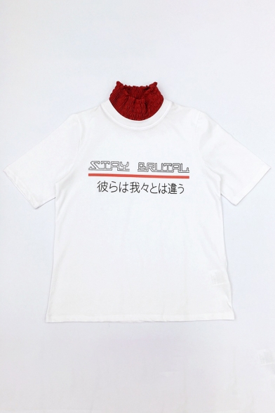 Color Block High Neck Japanese Words Printed Short Sleeve Leisure Tee