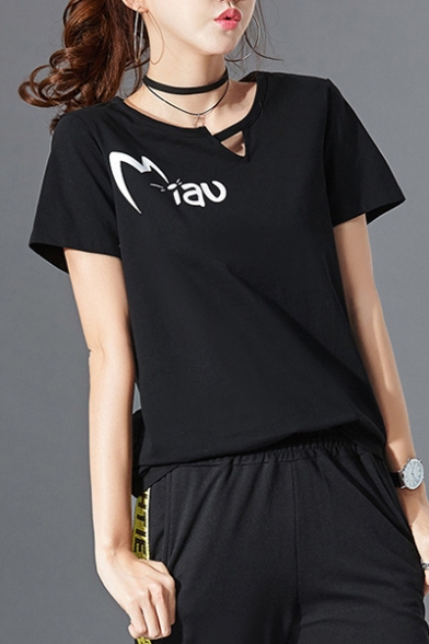 Cut Out Front Round Neck Letter Printed Round Neck Short Sleeve Tee