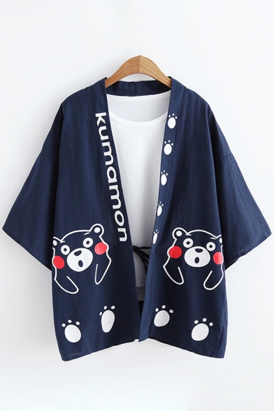 Cute Bear Paw Cartoon Letter Printed Half Sleeve Tie Front Kimono
