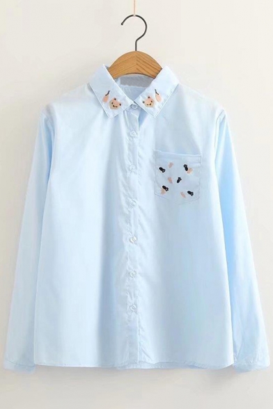Cute Bear Paw Embroidered Lapel Button Front Long Sleeve Shirt