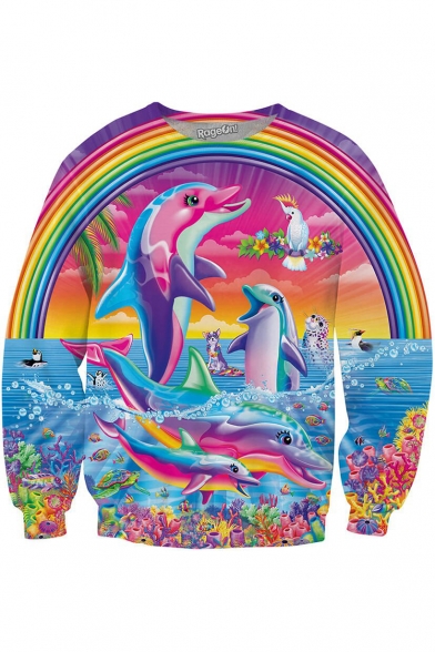 Digital Rainbow Dolphin Printed Round Neck Long Sleeve Pullover Sweatshirt