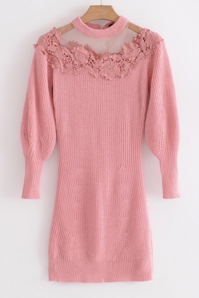 Elegant Lace Gauze Patchwork Bodycon Mini Plain Sweater Dress