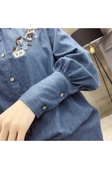 Fancy Floral Embroidered Lapel Button Front Long Sleeve Casual Denim Shirt