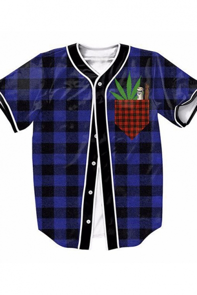 Fashion Comic Fake Pocket Plaid Printed V Neck Short Sleeve Buttons Front Tee