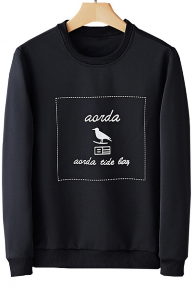 Fashion Letter Bird Printed Round Neck Long Sleeve Pullover Sweatshirt