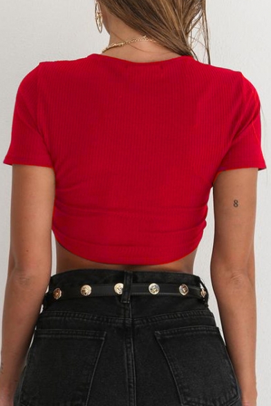Fashion V Neck Short Sleeve Plain Knotted Front Cropped Tee