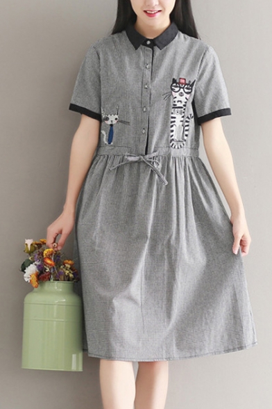 Fashionable Gingham Plaids Cartoon Cat Embroidered Lapel Midi A-line Dress