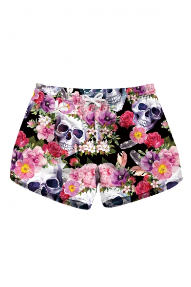 Floral Skull Printed Drawstring Waist Leisure Beach Shorts with Pockets