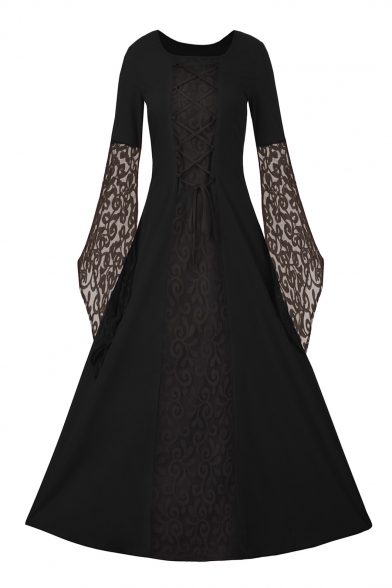 Gothic Lace Patchwork Lace-up Detail Square Neck Maxi Fit & Flare Dress