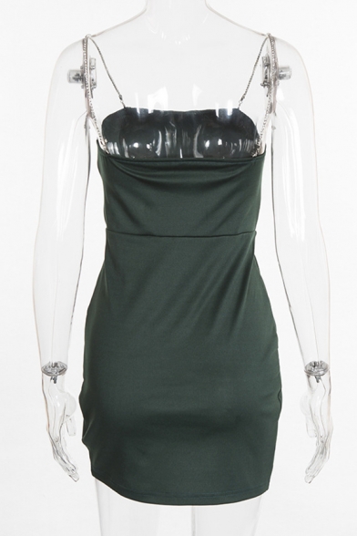 Sexy Metal Chain Straps Sleeveless Split Front Plain Mini Cami Dress