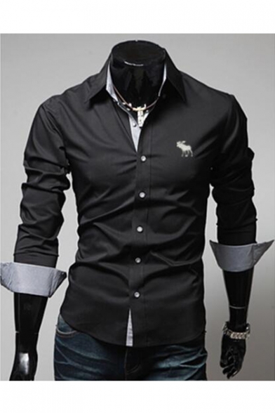 Simple Animal Embroidered Lapel Collar Long Sleeve Buttons Down Shirt