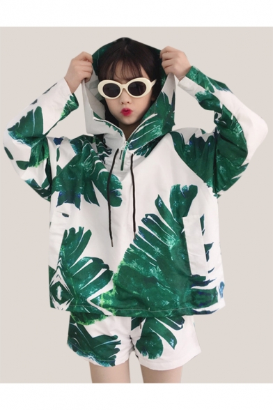 Spring Fashion Plant Leaf Print Drawstring Hoodie with Loose Sports Shorts