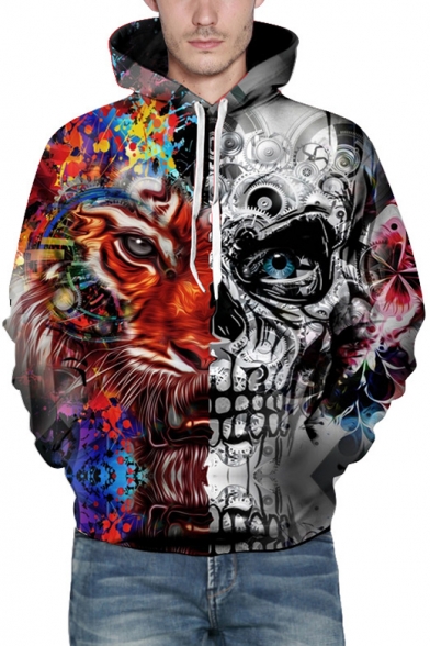 Unique Tiger Skull Print Long Sleeves Pullover Unisex Hoodie