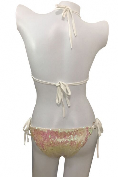 Vacation Fashion Ring Detail Tie Back Halter Neck Sequined Triangle Bikini