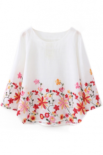 Women's Style Floral Embroidery Boat Neck Loose Pullover Blouse