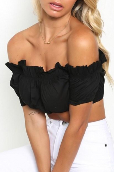 Women's Style Plain Ruffle Detail Off the Shoulder Slim Cropped Tee Top