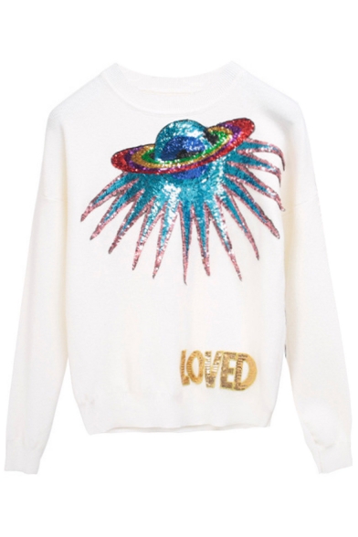 Airship Letter Printed Sequined Embellished Round Neck Long Sleeve Pullover Sweater