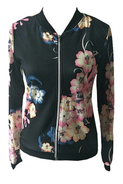 Chic Fashion Floral Print Long Sleeve Zip Up Baseball Jacket