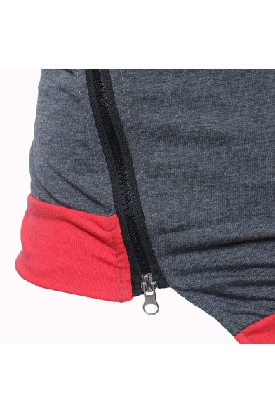 Color Block Zipper Embellished Drawstring Hood Slim Short Sleeve Tee
