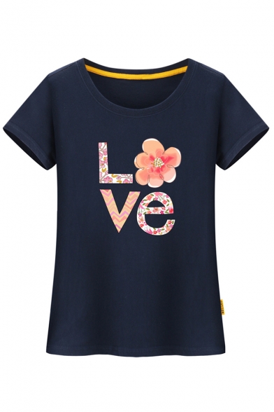 Comfort Letter Floral Printed Round Neck Short Sleeve Leisure Tee