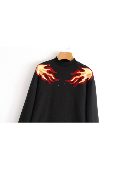 Cool Fire Flame Pattern Mock Neck Long Sleeves Pullover Sweatshirt