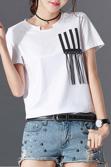 Cut Out Round Neck Tassel Embellished Short Sleeve Leisure Tee