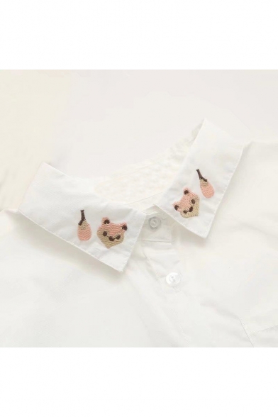 Cute Bear Paw Embroidered Lapel Button Front Long Sleeve Shirt