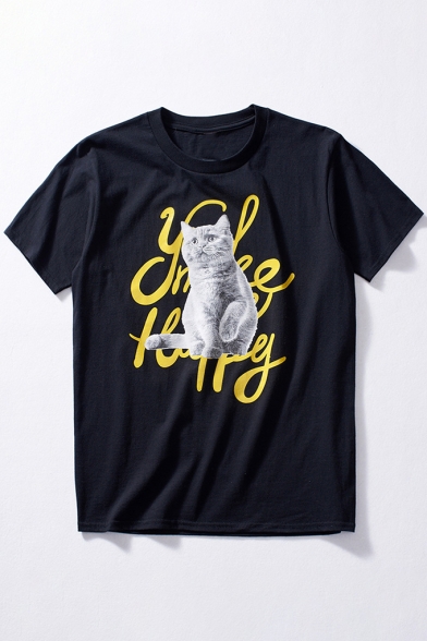 Cute Letter Cat Printed Round Neck Loose Short Sleeve Tee
