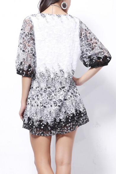 Elegant Floral Lace Insert Round Neck Half Sleeve Mini A-Line Dress