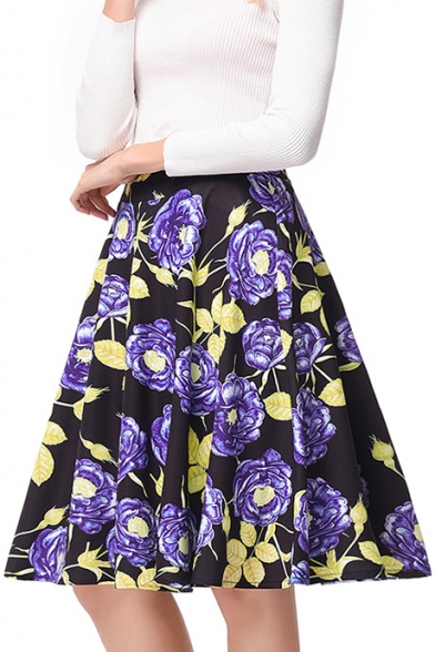 Elegant Floral Printed Zipper Fly High Waist Midi A-Line Skirt