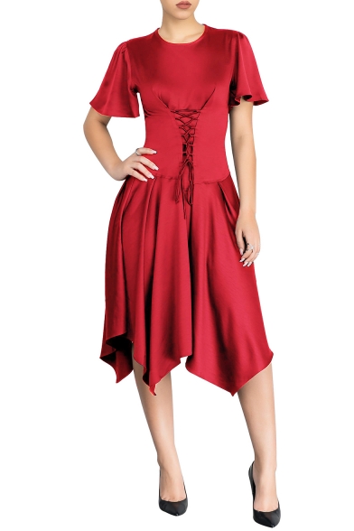 Elegant Plain Round Neck Lace Up Front Embellished Short Sleeve Asymmetric Hem Midi Dress