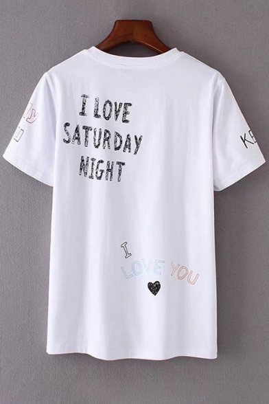 Fancy Childish Letter Sweetheart Print Round Neck Short Sleeves Casual Tee