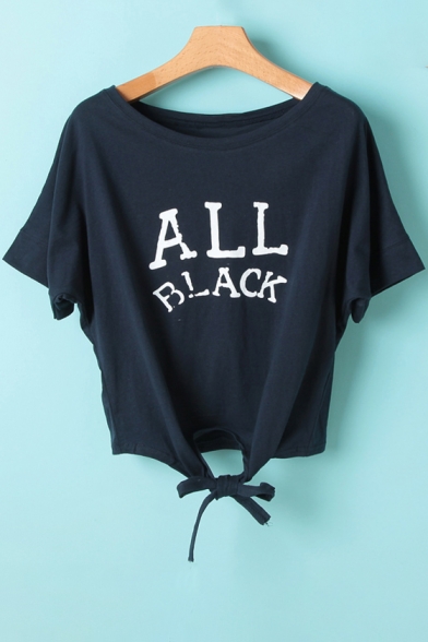 Letter Printed Round Neck Short Sleeve Tied Front Cropped Tee