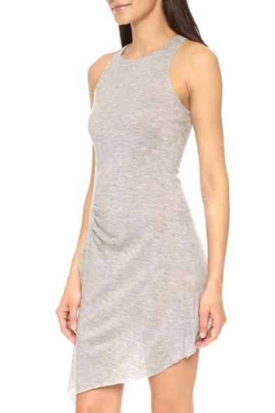 Natural Basic Plain Round Neck Sleeveless Slit Side Asymmetrical Hem Tank Dress