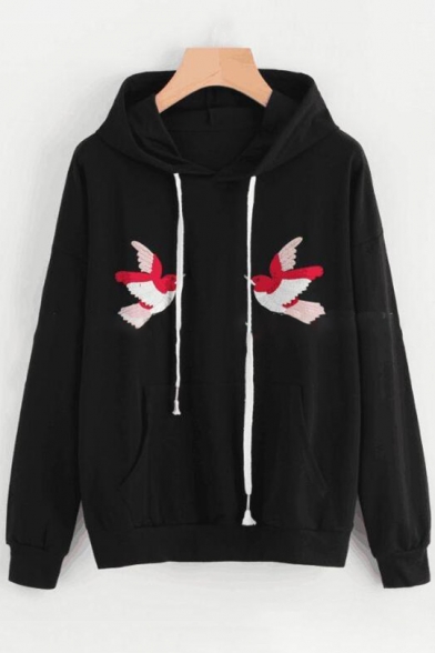 New Stylish Bird Embroidered Long Sleeve Leisure Hoodie with Pocket