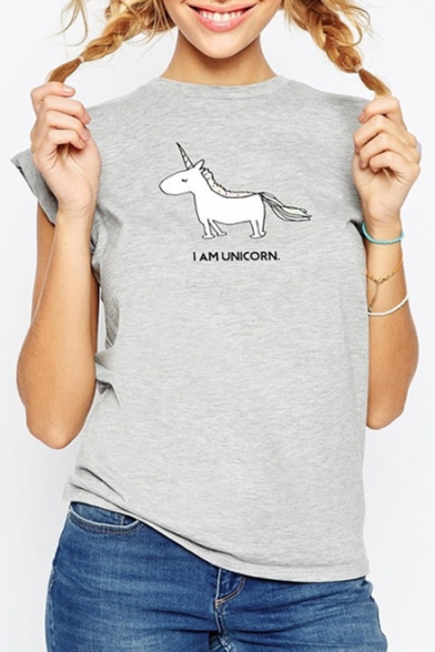 Popular Unicorn Letter Print Round Neck Cap Sleeves Summer Slim Tee