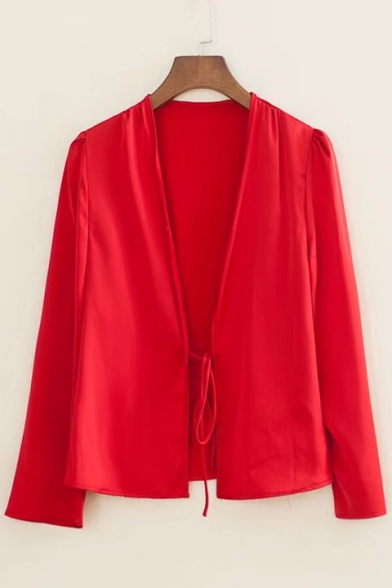 Sexy Satin V Neck Tied Front Long Sleeve Plain Cropped Blouse