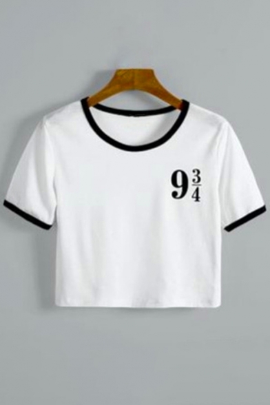 Simple Number Pattern Color Block Round Neck Short Sleeves Cropped Tee