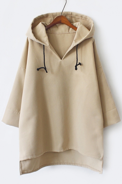 Simple Plain Dipped Hem Long Sleeves Pullover Loose Women's Tunic Hoodie