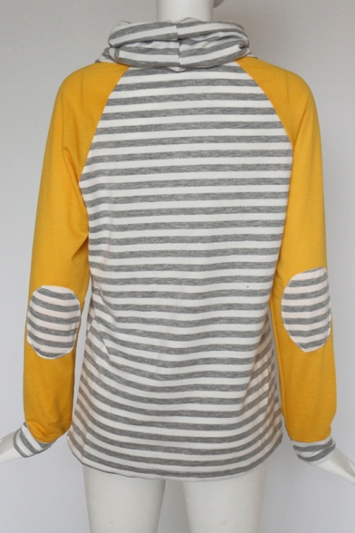 Spring Fashion Striped Color Block Turtleneck Pocket Front Slim Sweatshirt