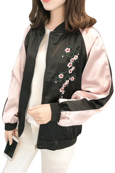 Street Fashion Floral Embroidered Color Block Zip Up Baseball Jacket