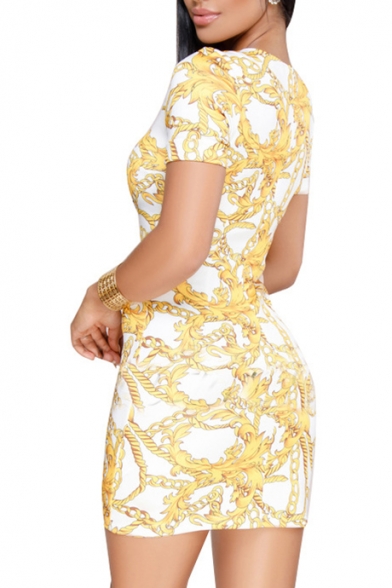 Stylish Gold Chain Printed Round Neck Short Sleeve Mini Bodycon Dress