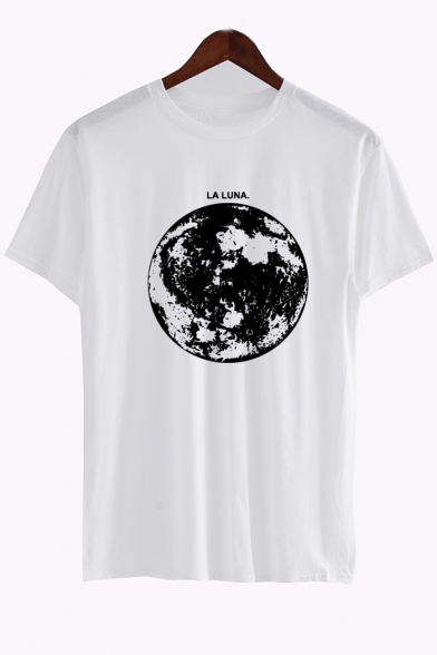 Stylish Moon Planet Letter Print Round Neck Short Sleeves Casual Tee