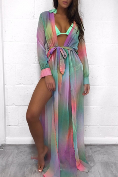 Summer Fashion Ombre Tie Dye Long Sleeve Bow Belted Maxi Beach Dress