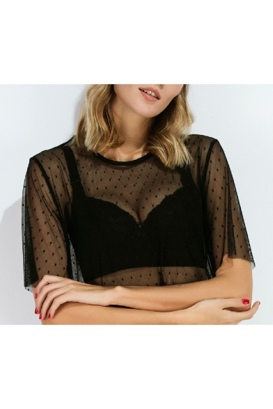 Summer Fashion See Through Polka Dotted Short Sleeve Round Neck Midi T-shirt Dress