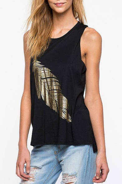 Casual Leaf Plant Print Round Neck Sleeveless Loose Tank Top