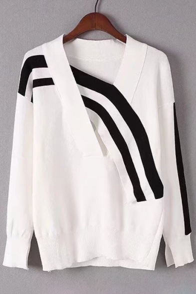 Chic Contrast Striped V Neck Long Sleeve Ribbed Trim Pullover Sweater